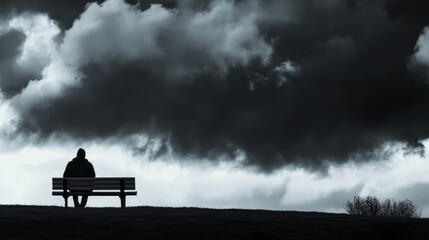 A person sitting on a bench gazing at dramatic dark clouds in an open landscape before an impending storm
