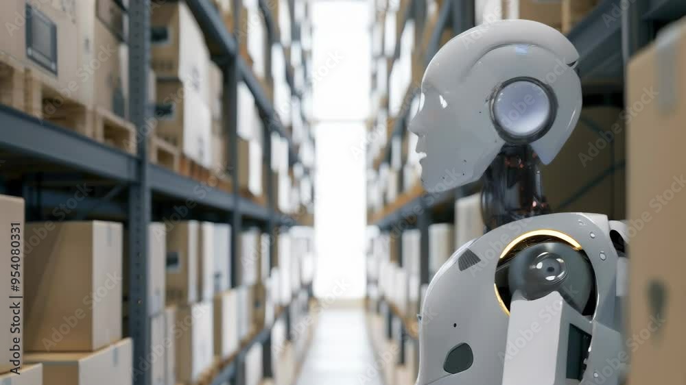 Poster Humanoid robot navigating through a high-density warehouse. Advanced robotics in industrial automation and logistics.