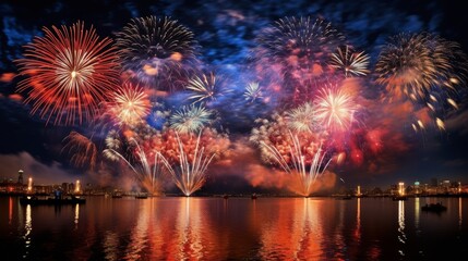 Spectacular Fireworks Display Illuminating City Waterfront at Night
