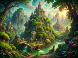 Fototapeta premium Detail-rich illustration of a fantastical world featuring lush forests, mystical creatures, and ancient ruins, evoking