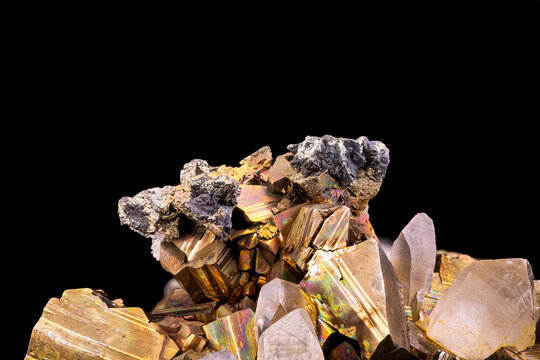Pyrite, chalcopyrite, quartz specimen from Cavnic, Romania. macro photography detail texture background. close-up mineral crystal unpolished semi-precious gemstone

