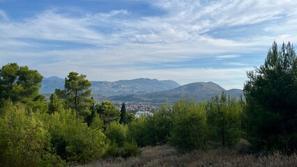 Fototapeta premium Panoramic view of a small European city in the Balkans. Photo taken in Gorica Park, Podgorica, Montenegro. High quality photo