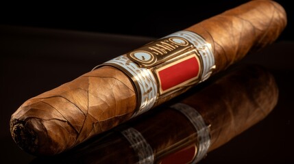 Luxurious Cigar with Gold Label on Reflective Surface