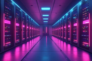 Fototapeta premium A neon pink and blue computer room with rows of servers