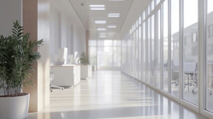 Fototapeta premium Blurred white modern glass office interior ideal for presentation backdrop