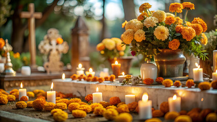 a decorated Day of the Dead grave with marigolds