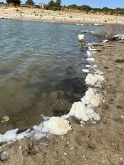 Foam accumulates along the shore of a muddy, drought-affected lake