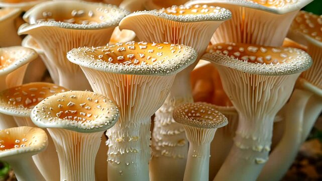 Close-up of cluster of mushrooms with textured caps, natural growth environment. Nature and fungi concept