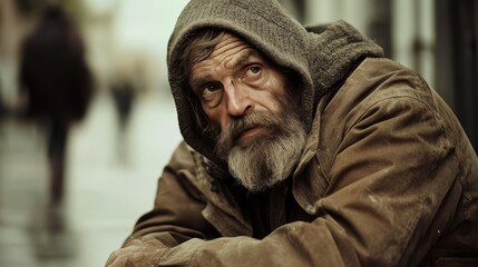 Obraz premium A homeless man sits on the street, reflecting on life while wearing a worn, weathered coat in a bustling urban environment