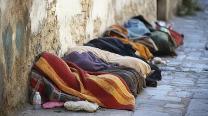People sleeping on the streets covered with blankets in a narrow alley during the early morning hours