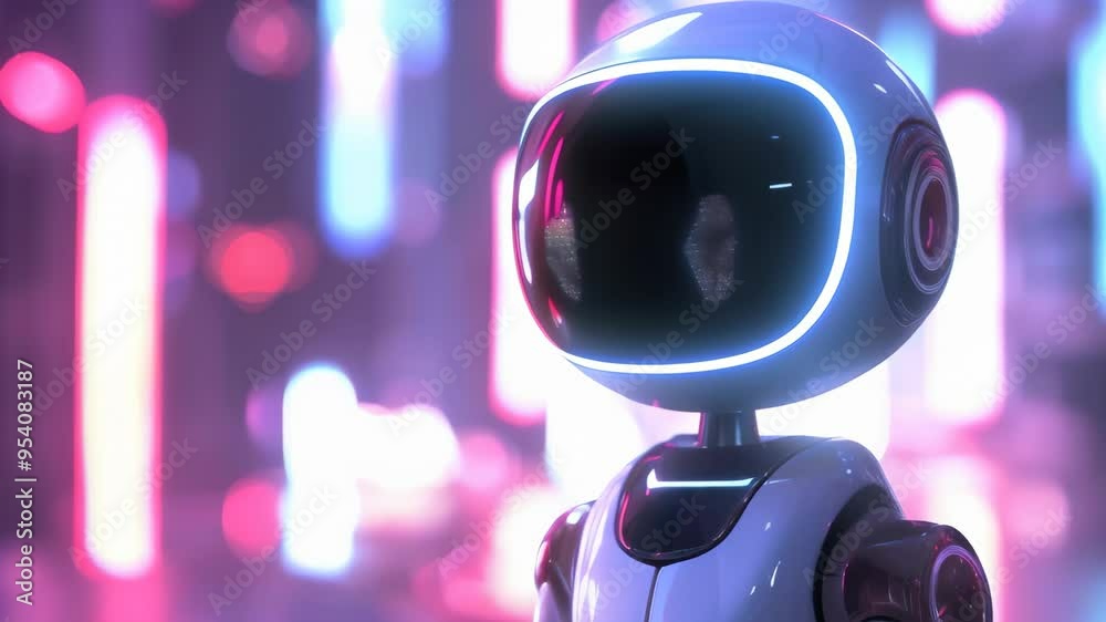 Aufkleber cute small robot with a large visor in a neon-lit city background. futuristic and playful design con
