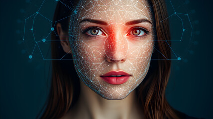 Woman showing artificial intelligence projected over face. Generative AI