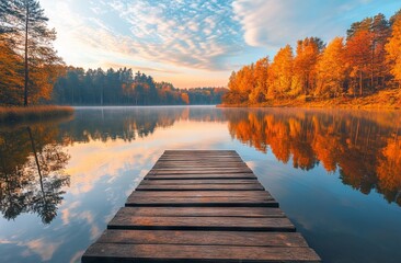 Autumn landscape featuring a serene lake and wooden dock in the forest at sunrise, with reflections...