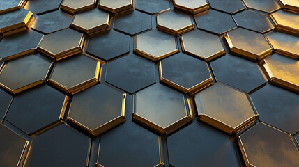 Golden and Black Hexagonal Pattern, Futuristic Metallic Texture with Depth
