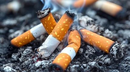 Cigarette butts extinguished in ash on a roadside at dusk, highlighting litter issues and environmental impact on urban landscapes