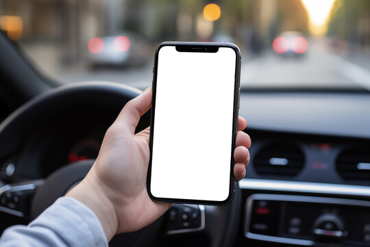 Closeup driver hand is holding smartphone with white screen