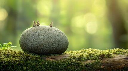   Two birds perched on a moss-covered rock amidst tree background