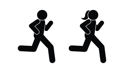 run icon, fast running man woman, sport human silhouettes, isolated sticks figure person icons, sport symbol, people flat vector design isolated on transparent