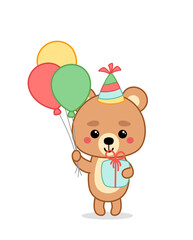 Bear Birthday. Little bear with balloons and gift box. Cartoon, kawaii, vector.