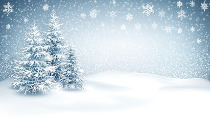   A winter landscape featuring a snowy tree and descending snowflakes against a blue canvas