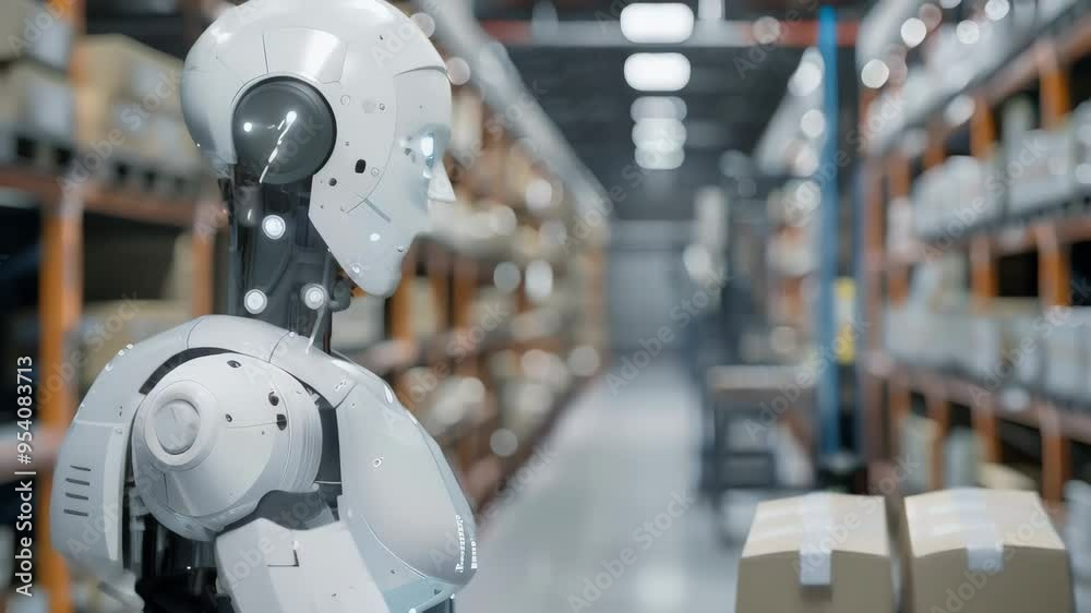 Poster humanoid robot working in a warehouse among shelves with boxes. symbolizes automation in logistics.