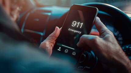 Car driver's hands holding mobile phone dialing 911 emergency number. Calling help concept. Shallow depth of field.