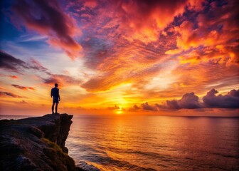 Fototapeta premium Dramatic sunset over calm ocean, lone figure standing at edge of cliff, backlit by vibrant orange and pink