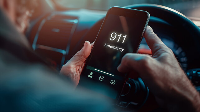 Car driver's hands holding mobile phone dialing 911 emergency number. Calling help concept. Shallow depth of field.