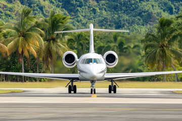 Private jet taxiing after landing in a tropical island