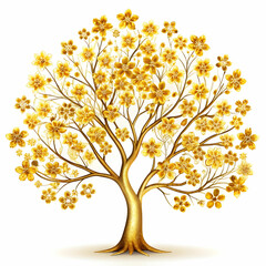 a tree with gold flowers with white background