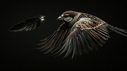 Obraz premium A bird flying in the air with a feather in its mouth and wings spread out against a black background
