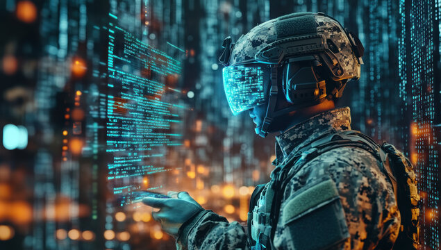 A soldier in futuristic combat gear stands ready, with a virtual interface and digital data streams illuminating his environment, capturing the essence of high-tech warfare