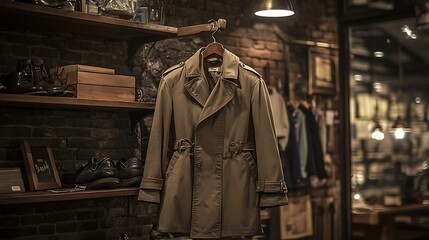 Naklejka premium Elegant Woman Wearing a Classic Beige Trench Coat on a Rainy City Street