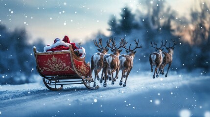 Santa Claus rides a sleigh pulled by reindeer through a snowy landscape during twilight in winter
