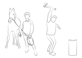 Rider with horse, lumberjack, sketch of people silhouettes