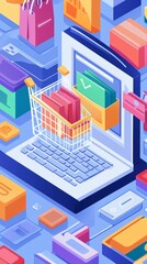 Business, e-commerce, and online shopping isometric banner. Abstract concept of searching & purchasing items via the internet
