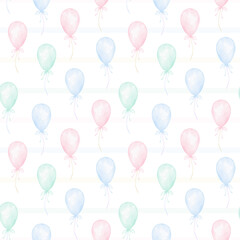 Watercolor seamless pattern with balloons on striped background in pastel colors for children's textiles and wrapping paper