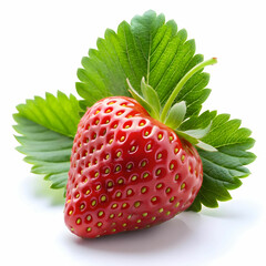 a strawberry with a stem and leaves with white background