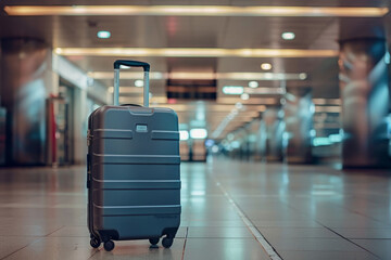 A black suitcase is sitting on the floor in a dimly lit airport terminal