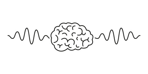 Human brain scan with line wave icon. Pulse wave in study neurology. Brain scan highlights neurology, where wave impulse maps the minds health and activity. Vector illustration