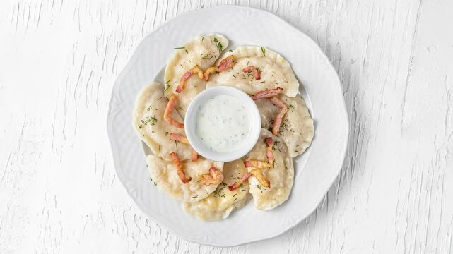 plate with dumplings, fried bacon and sour cream rotates top view on white wooden background