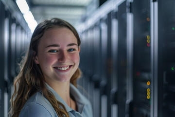 Fototapeta premium A woman with long hair is smiling in front of a row of computer servers