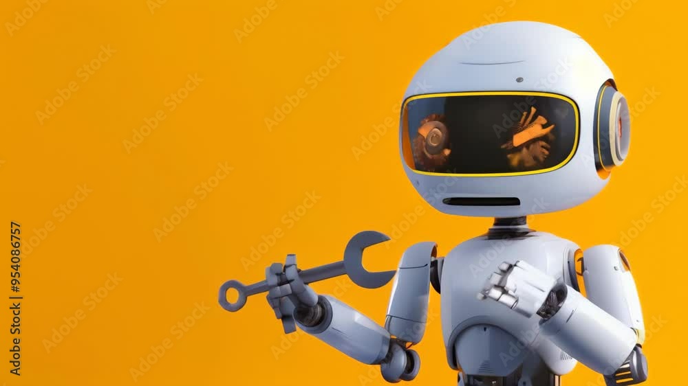 Leinwandbilder small humanoid robot holding a wrench, set against a bright yellow background. robotics in maintenan