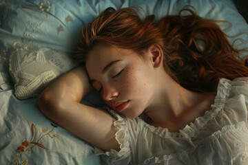Obraz premium A woman with red hair is sleeping on a bed