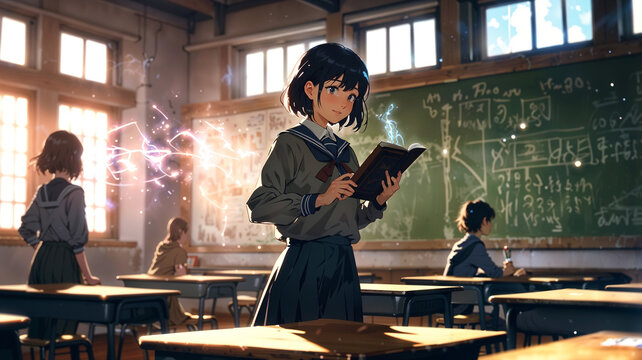 An anime student casts a spell in a magical academy classroom, with floating books and potions, capturing the wonder and excitement of learning magic.