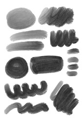 Paint and watercolor squiggles and shapes and brush strokes realistic isolated faded wet paint marks