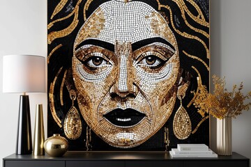 Striking Innovative Mosaic Portrait in Black and Gold for Modern Decor