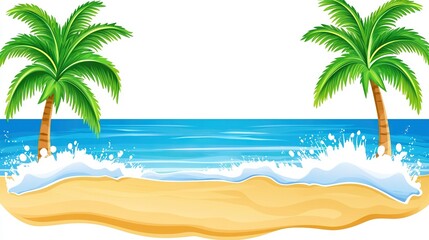  A serene beachscape featuring two majestic palm trees, a powerful wave splashing onto the shore, and a pristine white sky above