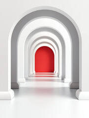 Minimalist arched white corridor with red background 