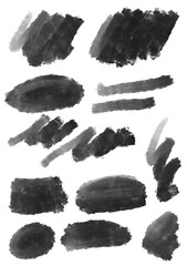Paint and watercolor squiggles and shapes and brush strokes realistic isolated faded wet paint marks